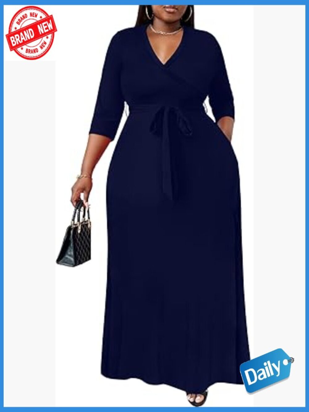 Plus Size Maxi Dress Wrap V-Neck 3/4 Sleeve Flowy Long Dress with Belt XL-6XL